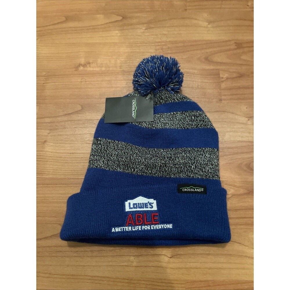 Lowes Knit Beanie Toboggan Winter Hat Cap Adult Blue Striped Gray - Picture 2 of 12